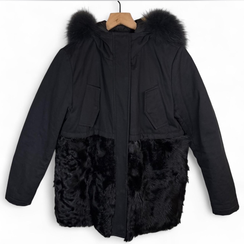 Maje Fur Trim Hood Parka Coat Sz 36 S Asiatic Raccoon Leather Winter Quilted